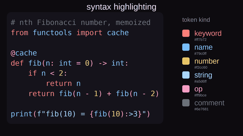 Every color of the syntax highlighter, side by side
